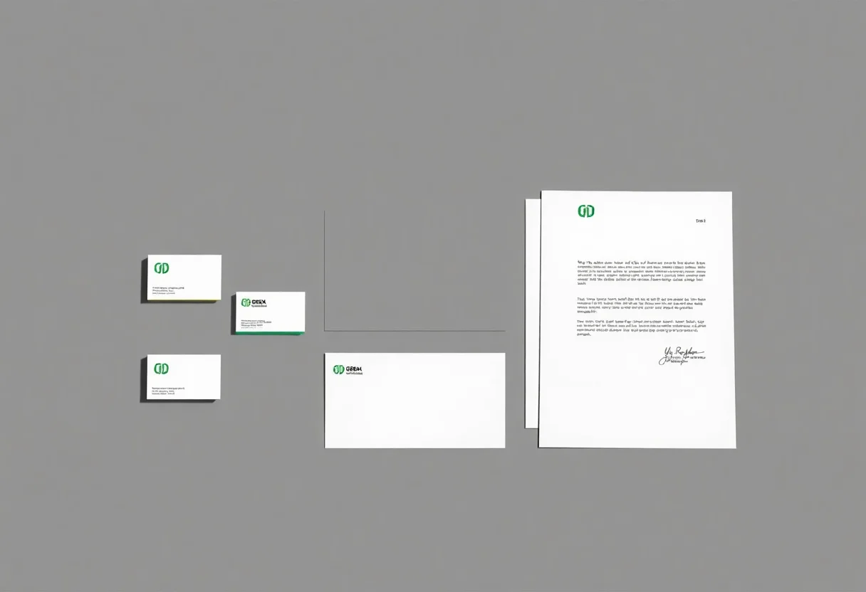 A complete branding package including business cards, letterhead, and envelopes with a minimalist green logo.