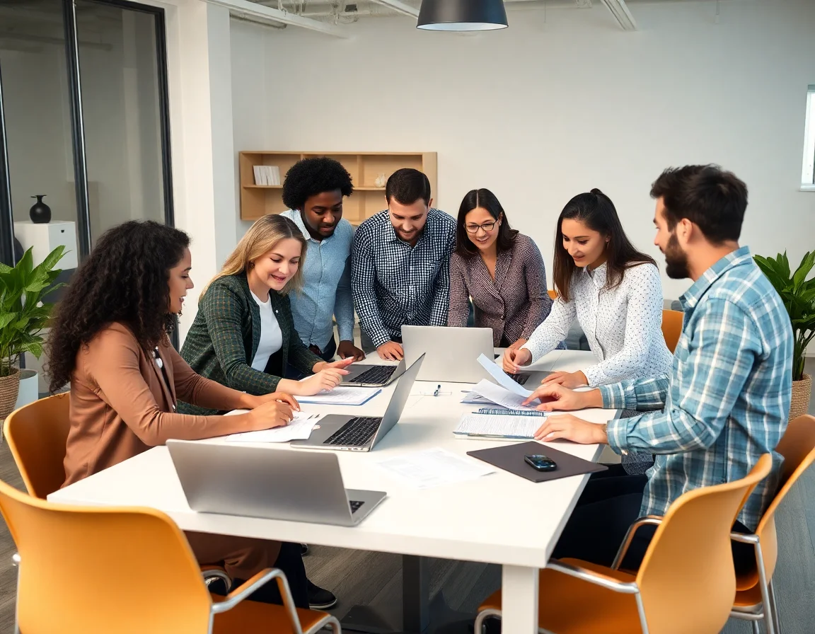 A diverse creative team collaborating around a table with laptops and documents in a modern office.
