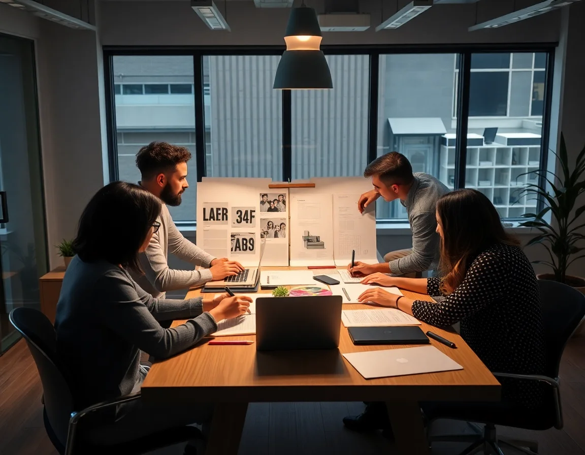 A diverse creative team collaborating on a branding project around a modern office table.
