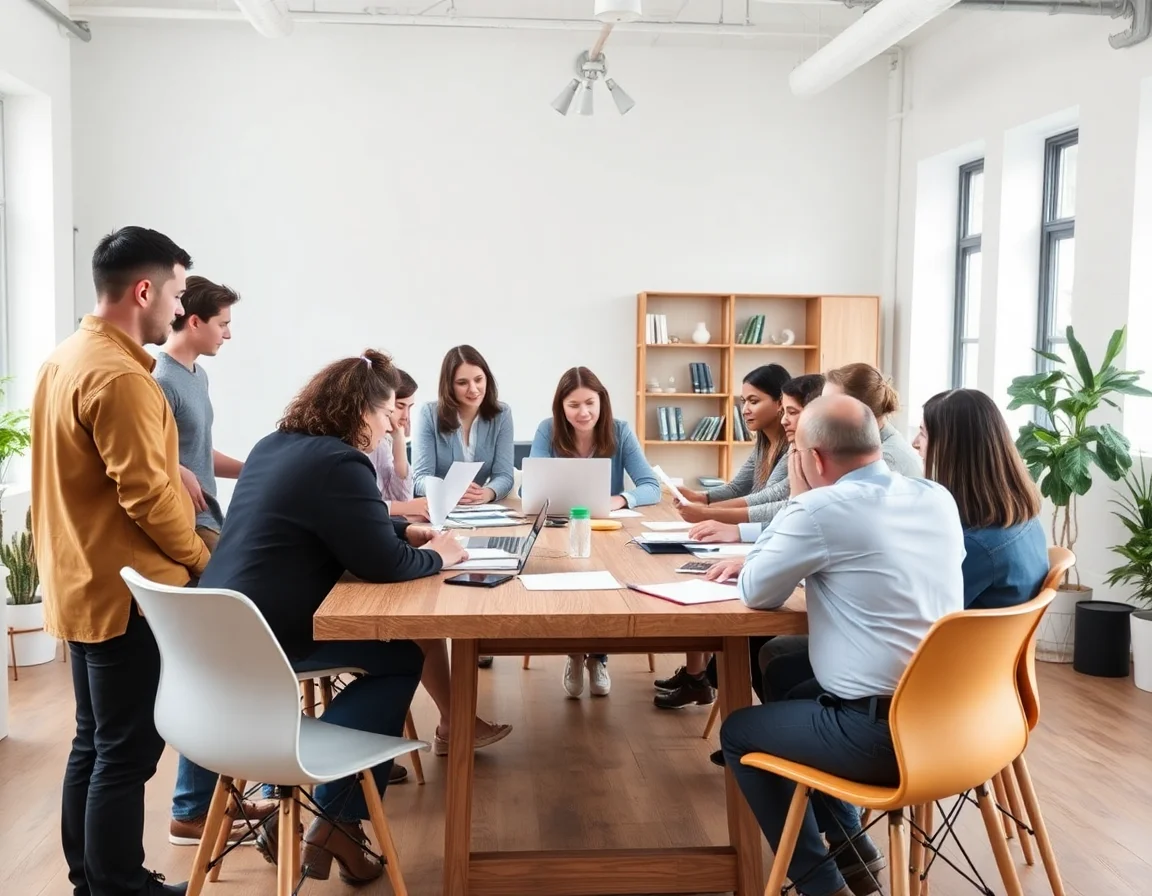 A diverse team of creative professionals collaborating around a large wooden table in a bright office.