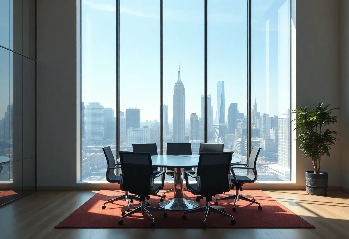 Bright and modern office meeting room with a large window view of a city skyline.