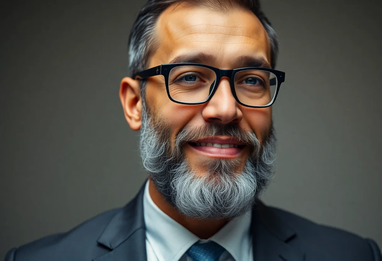 Portrait of a man with glasses and a beard in a suit.