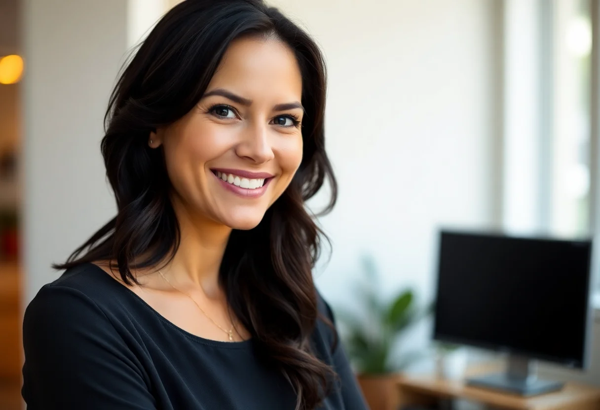 Portrait of a smiling woman with dark hair.