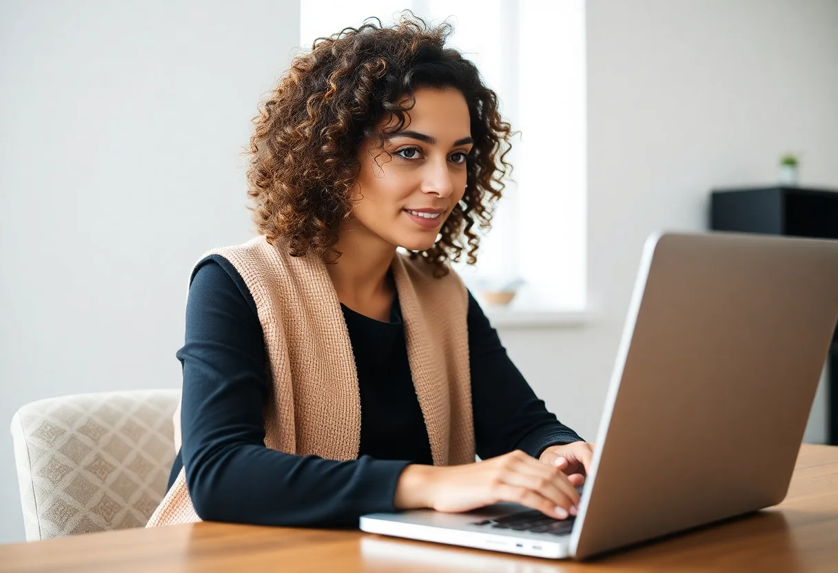 Portrait of a woman with curly hair working on a laptop.